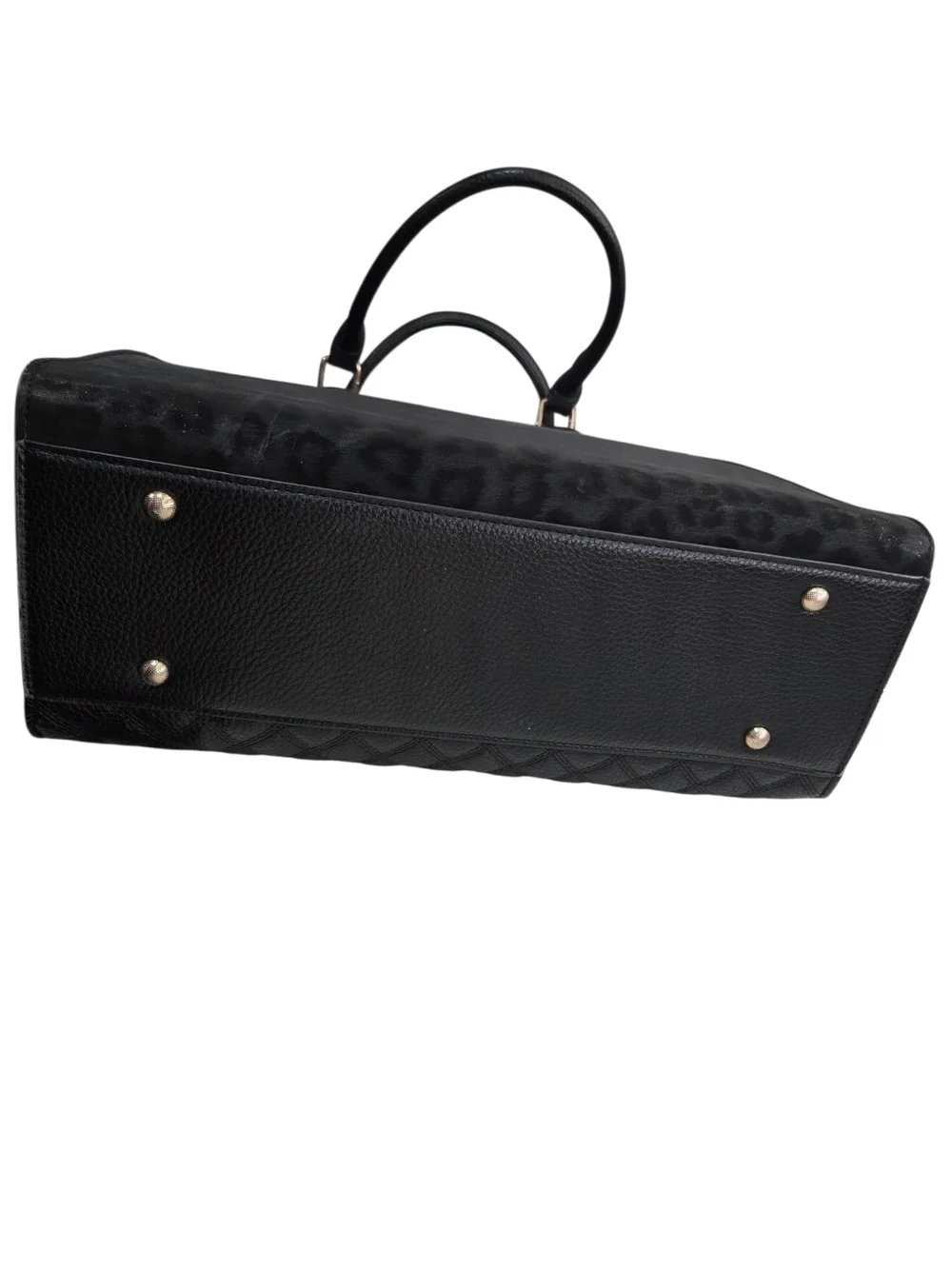 Black Quilted Tote with Leopard Accent and Pom Pom Charm